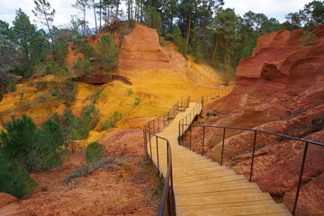 View of the colorful ocher rocks  in Roussillon, France on a cloudy day