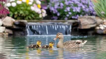 A mother duck and her ducklings swim gracefully in a serene pond with a small waterfall and vibrant flowers