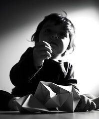 Silhouette of a child playing with origami in a dramatic black and white setting
