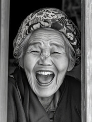 Elderly woman expressing joyful laughter