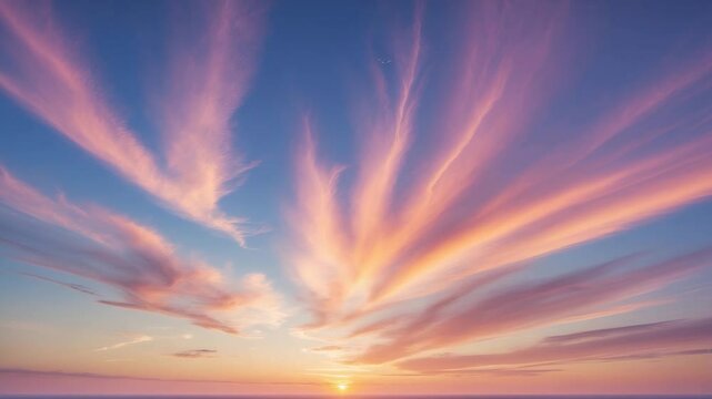 Grand sunrise and sunset sky setting with subtle colorful clouds, without birds, panoramic and large-format