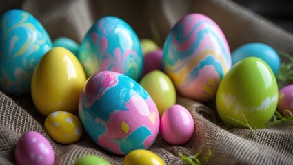 Fototapeta premium Bright and cheerful Easter table setting with seasonal eggs, patterns, and playful candy accents