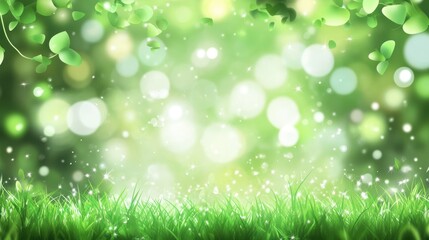 Fototapeta premium Lush Green Grass and Clover Leaves with Bokeh Lights Background in a Magical Forest Setting Nature Scene
