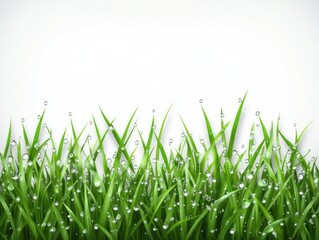 Obraz premium Fresh green grass with water droplets glistening close up studio shot on white background symbolizing nature and growth