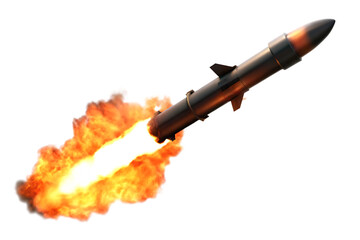 A missile with fire trail  isolated on hite background PNG