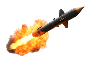 A missile with fire trail  isolated on hite background PNG
