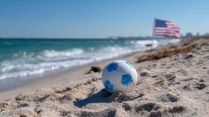 Obraz premium Blue and white soccer ball on sandy beach with american flag in background