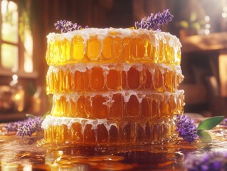 Stacked honeycomb dripping with honey and decorated with lavender flowers on a wooden table in warm light