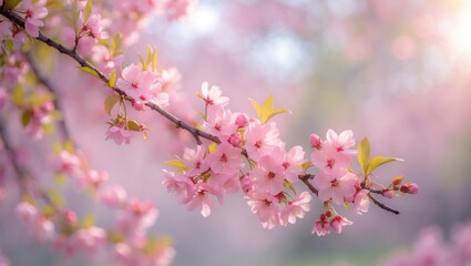 Horizontal floral banner showcasing pink cherry blossoms on a sunny day, with a nature scene and copy space for your message
