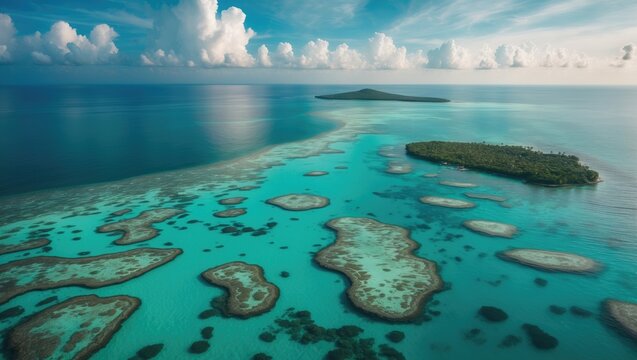 Beautiful drone perspective of Mayotte's island, lagoon, and vibrant coral reef