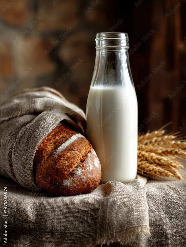 Poster fresh milk and rustic loaf of bread on a soft linen cloth surrounded by wheat ears