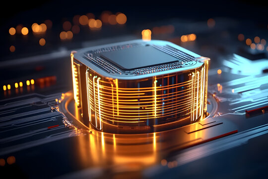 Futuristic microchip processor. Quantum computer, big data processing, database concept. Development of technologies of the future CPU and microprocessors for machine learning,&nbsp;