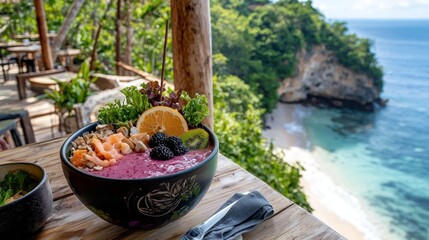 Obraz premium A colorful smoothie bowl on a wooden table overlooking a bay