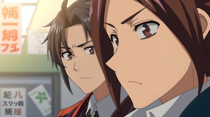 Intense close-up of two animated characters expressing determination in a dramatic scene
