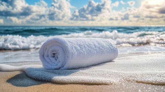 Rolled white beach towel on sandy shore near ocean waves sea day sky spa soft foam calm blue coast