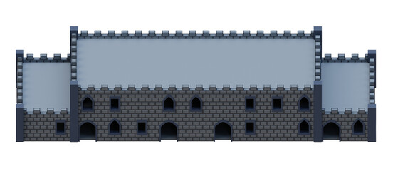 Gray brick medieval building isometric front style fortress. 3d rendering.	