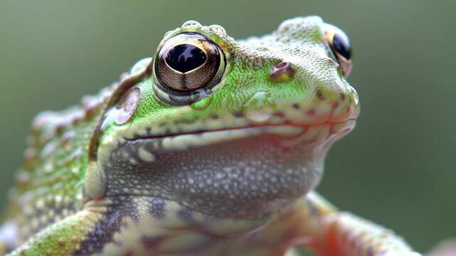Vibrant Green Frog with Golden Eyes curiously gazing representing amphibian awareness against a Soft Bokeh Backdrop