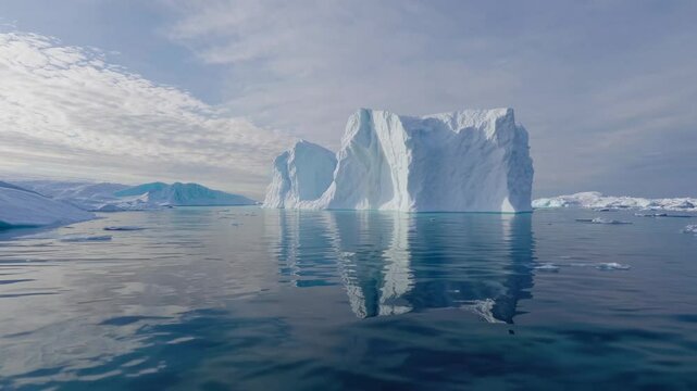 Massive Arctic Iceberg Floating in Calm Ocean.  Wide-angle view of a giant iceberg drifting in still Arctic waters, ideal for climate change, nature, and environmental themes.

