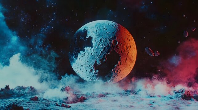 Explore lunar landscape with cratered planet surface in cosmic space and galaxy visualization art