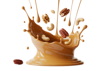 Caramel Splash With Nuts Cashews Pecans And Walnuts Isolated On White Background
