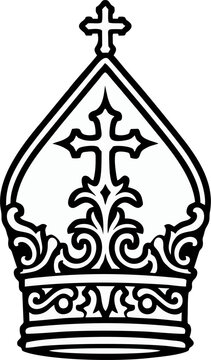 Minimalist Black and White Vector of Traditional Bishop Mitre with Cross &ndash; Clergy Hat Line Art Illustration