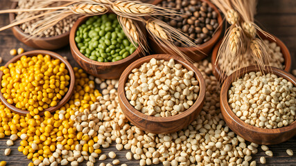 Fototapeta premium Assortment of various legumes and grains presented in wooden bowls on a rustic wooden surface