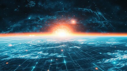 Digital Horizon Sunrise Over Cloudscape with Glowing Grid and Distant Stars Abstract Sci-Fi Landscape