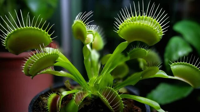 Close-up of a green carnivorous venus flytrap plant in a black pot, surrounded by other houseplants on a blurred background. Concept of exotic flora and botany fascination