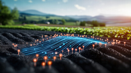 Innovative agricultural technology advancements farmland digital visualization rural landscape aerial view sustainability concepts