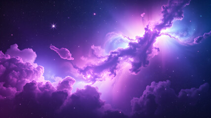 Fototapeta premium Beautiful nebula of purple and blue colors with glowing stars and celestial clouds