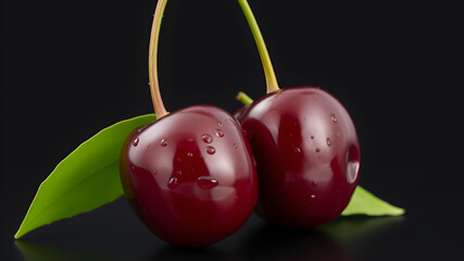 Close up shot of two fresh cherries with water droplets and green leaves on black surface