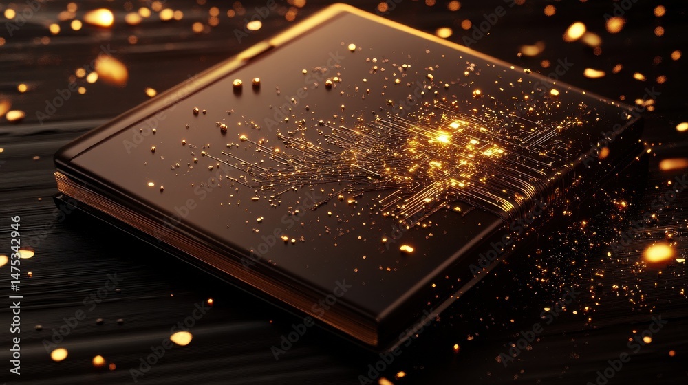 Poster side view and close up of notebook with glowing circuit head outline. ai and machine learning concep
