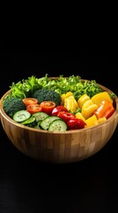 Vibrant vegetable medley in a rustic bowl on black background