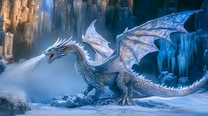 Majestic Dragon in Icy Realm: A mythical dragon, an epitome of power and elegance, exhales a stream of icy breath within an enchanting frozen cavern.