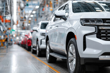 White trucks on car production line, factory close-up view