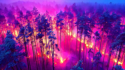 eruptions in a dense pine forest with thick smoke rising