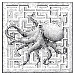Intricate octopus design set within a complex maze.
