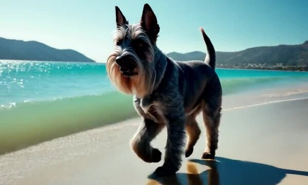 Schnauzer caminando por la orilla de la playa