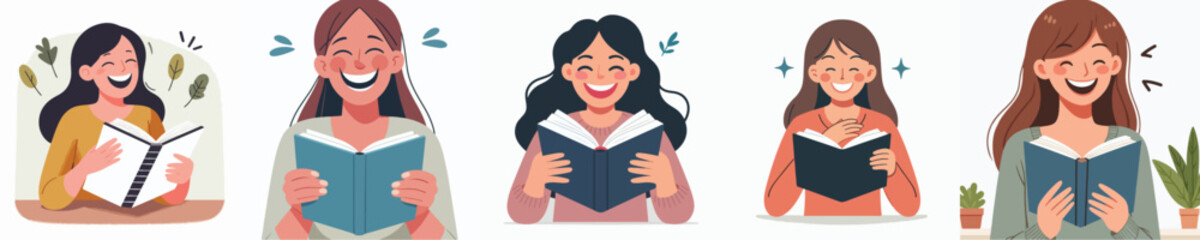 a woman laughing while reading a book style vector flat design