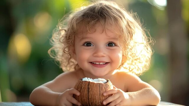 Toddler with curly hair smiling while holding coconut shell in a natural setting  