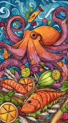 Vibrant illustration of an octopus surrounded by seafood and fruits.
