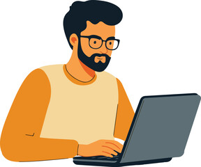 Man Working on Laptop Vector Illustration on Transparent Background