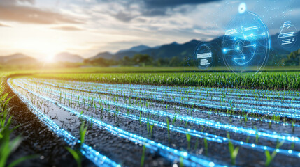 Innovative smart farming techniques rice fields digital agriculture mountainous region aerial perspective sustainable practices for enhanced yield