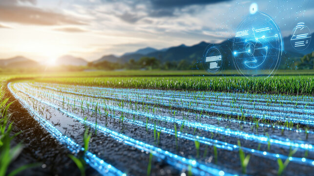 Innovative smart farming techniques rice fields digital agriculture mountainous region aerial perspective sustainable practices for enhanced yield