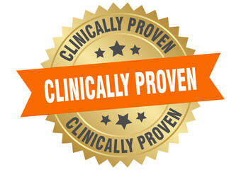 clinically proven. clinically proven round orange and gold label isolated on transparent background