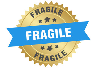 fragile. fragile round blue and gold label isolated on transparent background