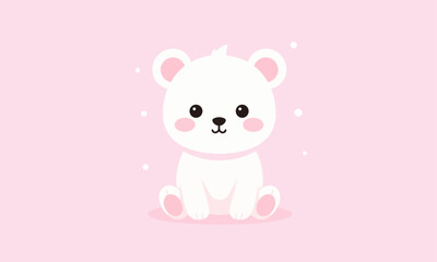 Naklejka premium A snow-white baby bear sitting sweetly with pink paws and cheeks, surrounded by floating dots on a pink background