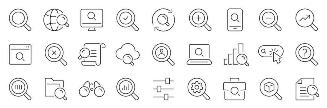 Search thin line icons set. Magnifying glass, find, zoom icon. Editable stroke. Vector