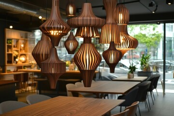 Interior view of a restaurant with wooden tables and hanging lamps with a modern design and warm light, eye-level shot, indoor location