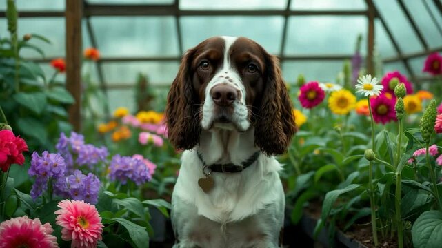 cute springer spaniel lounging amidst flowers in a greenhouse